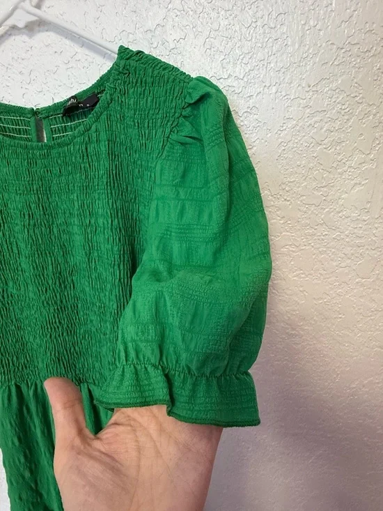 Boho Green Smocked Maxi Dress - Puff Sleeve Tiered Long Dress - Size S - Picture 6 of 15